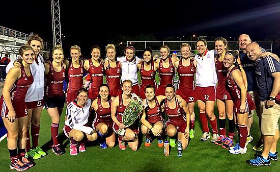 FLOWER GIRL . . . Oldham’s Nicola White (centre) lines up with her Great Britain team-mates after winning her 50th cap.