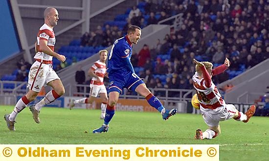 PROMISING RETURN . . . Rhys Murphy, who had been on loan at Crawley, sees this shot at goal come to nothing, but he did get on the scoresheet in the second half. 