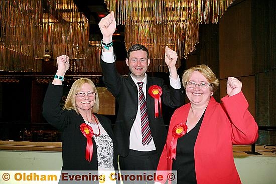 THREE cheers: Labour winners (l-r) Elaine Garry, Failsworth West, Oldham Council leader Jim McMahon, and Jean Stretton, Hollinwood