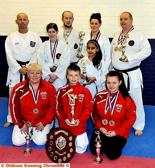 PRIZE TIME . . . Shaw SKF Karate Club members Keith Cockburn (back row, left), Daniel Williamson, Carrie Garner, Ben Walster. Toni Sweetman (middle, left), Mariah Ali. Pauline Jardine (front, left), Luke Walster, Bethanie Jardine.