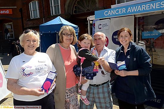 Cancer Awareness roadshow, organised by Cancer Research UK set up in Albion Street. Left to right, Sheila Crompton (volunteer), Joyce Martin, grand-daughter Alex Schofield (18 months), John Martin, Jessica Campbell (senior cancer awareness nurse).