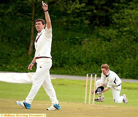 TRIUMPH . . . for Greenfield bowler JP de Villiers and fieldsman Brandon Jacobs after they combined to grab the wicket of Saddleworth’s James Howard in Saturday’s clash at Well-i-Hole. 