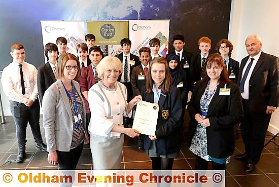 AWARD winners . . . (front, from left) Kathryn Kirkham (curriculum area leader — science), Lady Ogden (Ogden Trust), Maisie Johnson (winner — Blue Coat), Sandra Badcock (Oldham and Rochdale Teacher Fellow)