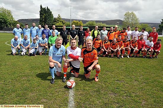 LEGENDS: Paul Scholes (above, right) and Peter Barnes (left) with event organiser Gareth Worrall and the teams.