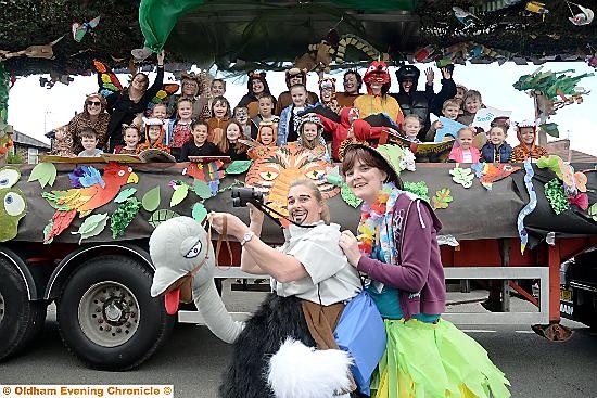 Bev Thomas and Claire Yates lead the way on the Higher Failsworth Primary School Float
