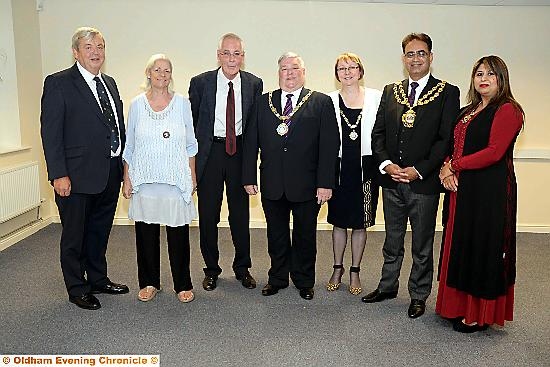 John Battye and Annette Battye, James Scott Chairman Festival Committee, Cllr Neil Allsopp Chairman Saddleworth Council, Carol Allsopp Chairman’s Lady Saddleworth Council, Oldham Mayor and Mayoress