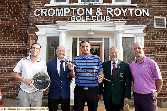 Crompton and Royton Golf Club Swaord presentation. (l-r) Winner of the Anniversary Salver Stuart Crompton, President Paul Hopkinson, Sword winner Ciaran Doherty, Captain Gordon Lamb and runner up Gary Melling