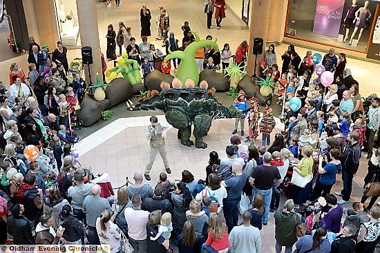 Steggy the dinosaur visits Spindles Town Square