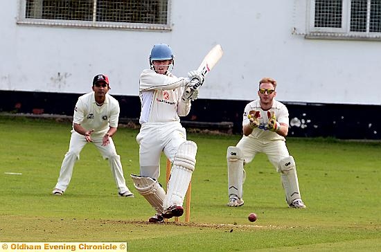 pull to leg . . . Greenfield overseas amateur Brendon Jacobs whips the ball away during his innings of 23 against Austerlands on Saturday. The Australian followed up with an unbeaten 57 at Stayley.