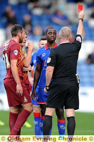 seeing red: Athletic striker Jonathan Forte gets his marching orders from referee Andy Haines. PICTURE by ALAN HOWARTH.
