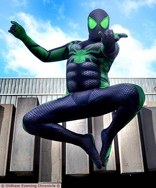 Ham Fest for superheroes at Queen Elizabeth Hall, Oldham. Spiderman from the Green Future Foundation played by Joe Stones outside the QE Hall.