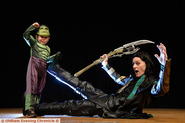 Ham Fest for superheroes at Queen Elizabeth Hall, Oldham. Zach Davies as the Hulk takes on the bad guy Chris Kemp as Loki from Thor.