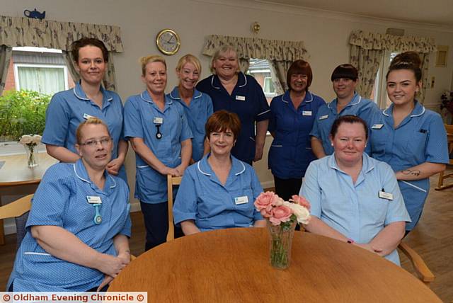 Pride in Oldham nominees, staff at the Miller House unit at Shawside Nursing Home. Back left to right, Elizabeth Taylor, Jane Buckley, Bridget Armstrong  (care assistants), Dianne Oliver (house manager), Annette Gilbert (registered nurse), Sarah Butterworth, Jenna McDonald (care assistants). Front left to right, Anita Warrington, Pearl Davenport (care assistants), Amanda Hart (housekeeper).