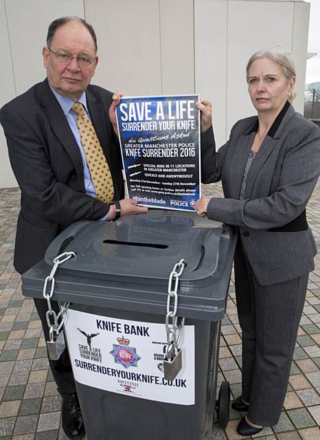 BIN THE BLADE . . .Deputy Police and Crime Commissioner Jim Battle with DCI Debbie Dooley at the launch of the amnesty.