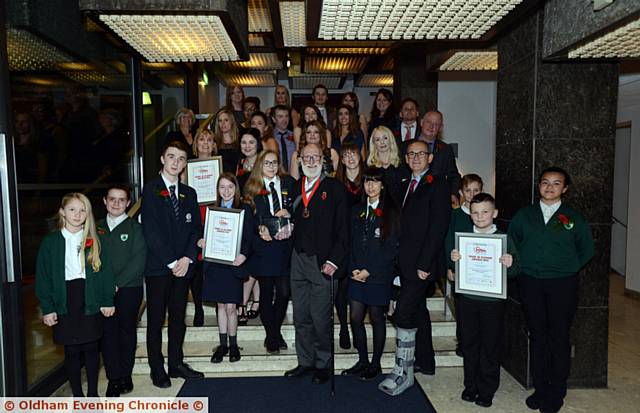 FINALISTS Limehurst Primary School, Springbrook School and Saddleworth School peer mentors with presenter, Mayor Cllr. Derek Heffernan