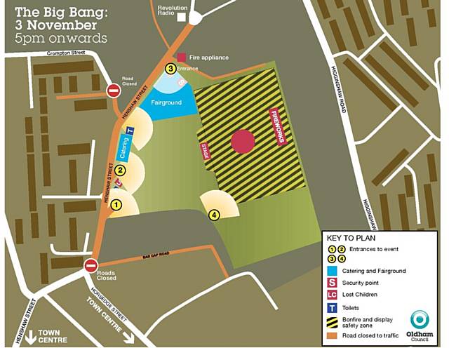 Bonfire Map 'The Big Bang' site at Oldham Edge, including temporary road restrictions and site layout.