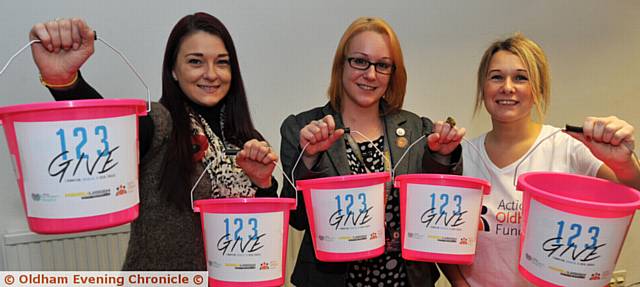 STRONGER TOGETHER . . . The launch of 1-2-3 Give campaign this morning at Revolution Radio with Lisa Pearson (Dr Kershaw's), Alex Herod (MAHDLO) and Clare Taylor (Action Together).