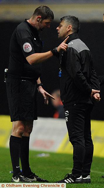 Manager Stephen Robinson receiving a warning from the referee