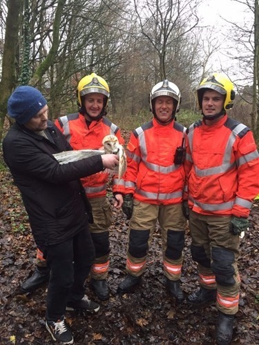 LEFT to right: Mazi's owner, firefighter Stephen Murphy, watch manager Pete Marshall and firefighter Dave Brearley