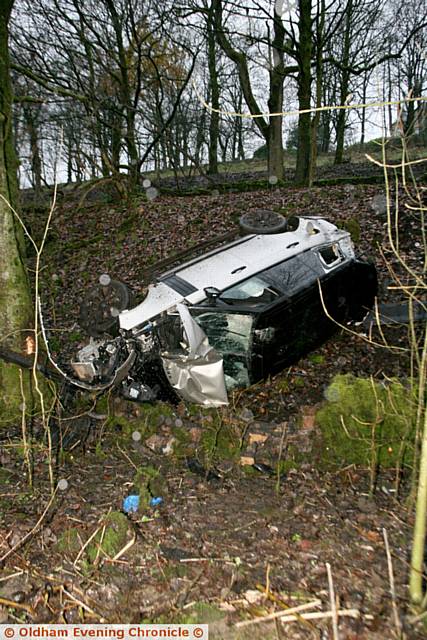 RTA on the Delph New road, where a Range Rover left the road and ended up in a small woodland taking out electricity poles. The 4x4 looks like it was traveling from the Delph / Huddersfield road junction of Oldham.