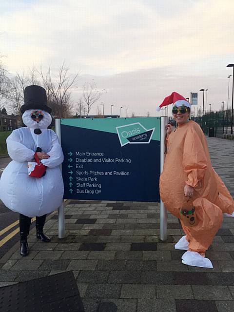 Dress Up Silly for Santa at OASIS Academy, Oldham. Barbara Dale is the Turkey, Snowman Nicola Sweatman