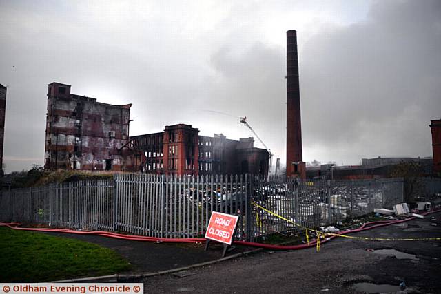 Maple Mill, Oldham Fire and demolition starts.