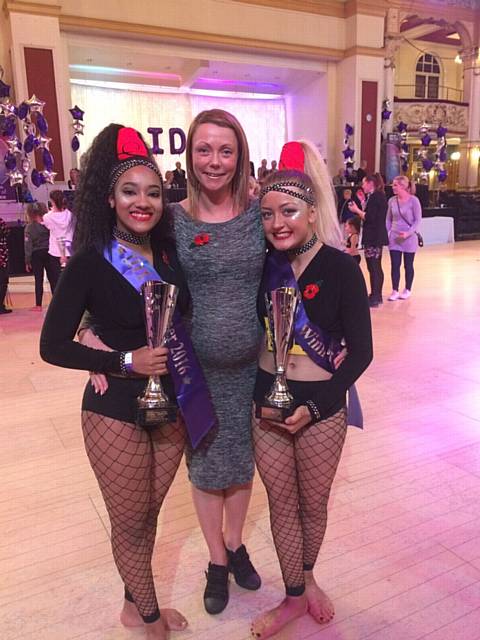 Rebecca Jarvis, principal teacher at Pure Dance Academy in Derker, with 14-17yrs Pairs Winners Courtney Burns and Macy Keylock.