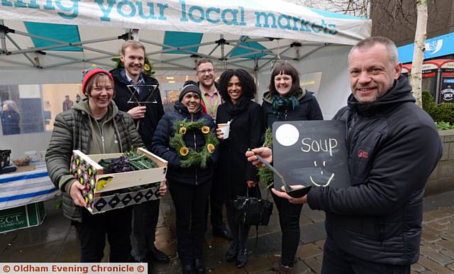 SOUP with a smile . . . Nikki Davies, Dominic Coleman, Anna Kennedy, David Stewart, Gloria Beckett, Silvie Rackham and Stephen Rimmer