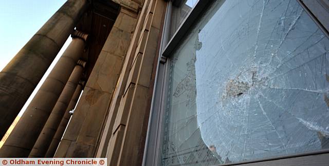 Smashed window at Costa Coffee in the ODEON Cinema development. 