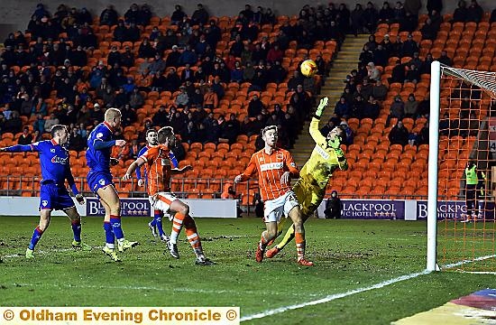 WHAT A CHANCE . . . new signing Curtis Main puts his late header from close range over the crossbar. 