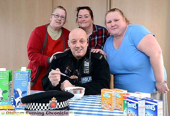 BOWLED over! PC John Stafford is thanked for his help by, from left, cafe manager Maria Maguire, community director Stephanie Deacon and breakfast club leader Ruth Brookes