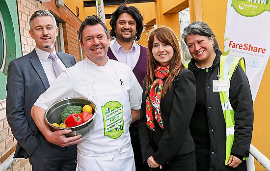 Pictured at the launch of Tesco’s Community Food Connection programme, which will help to reduce food waste, are (from the left) Mark Corcos, store manager at East Didsbury Tesco; Tesco chef Adam Palmer, Kush Chottera, executive director of community development charity Europia; Marzena Niemi, trustee at Europia; and Miranda Kaunang, development manager of Fareshare Greater Manchester