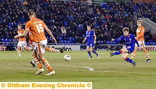 SHOOT ON SIGHT . . . Matt Palmer, Athletic’s goal hero against Blackpool, lets fly in the midweek clash at SportsDirect.com Park.