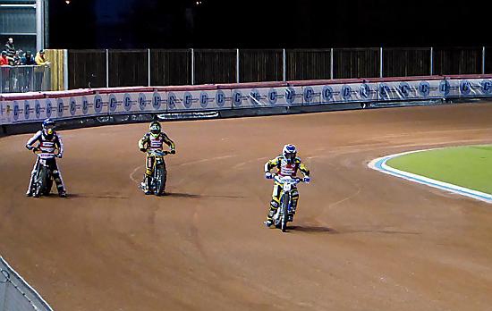 FALSE START: Riders take to the track at the National Speedway Stadium opening night before racing was abandoned. PICTURE: GRAEME VINE.
