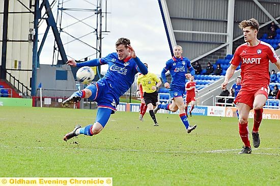 ON-LOAN forward Timmy Thiele wraps his foot around the ball as he looks to extend Athletic’s lead against Chesterfield.