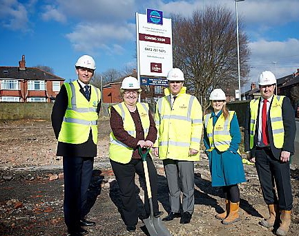 HIGHLY-anticipated development on former school site: (l-r) Ben Hill, principal regeneration officer (residential), leader of Oldham Council, Jean Stretton, Brendan Blythe, regional director for Galliford Try Partnerships, Sian Pitt, sales manager, Linden Homes North-West and Simon Parr, contracts manager for Galliford Try Partnerships.