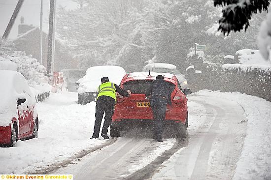 TRAFFIC at Lydgate slowed to a crawl or was stuck as snow fell on compacted snow and ice