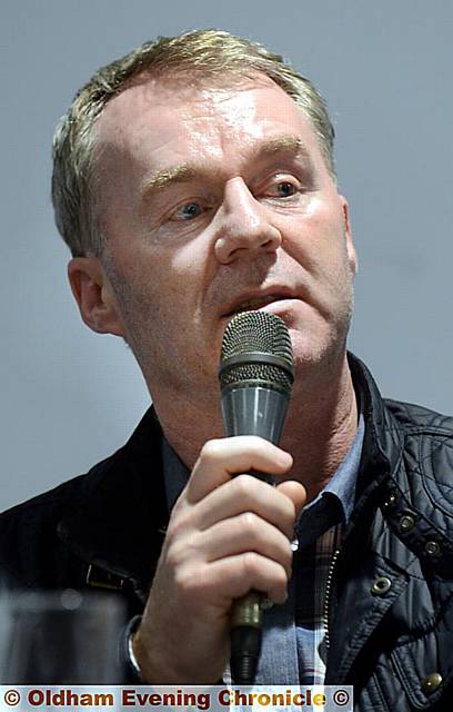 MAN BEHIND THE MIC . . . Athletic fans turned out in force last night when boss John Sheridan talked at length about Latics and his football career.