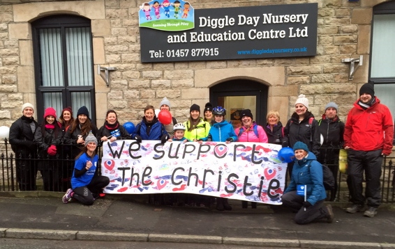 FROM Diggle to Didsbury . . . Joanne Taylor and Jo Cunningham (pictured front) with fellow walkers