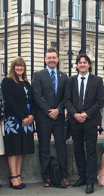 Crompton House School representatives at a garden party at Buckingham Palace to celebrate the 60th anniversary of the Duke of Edinburgh Award. Pictured (from left) are  Wendy Buckley, DofE Award student support, DofE bronze co-ordinator Tony Hardman and head teacher Karl Newell.
