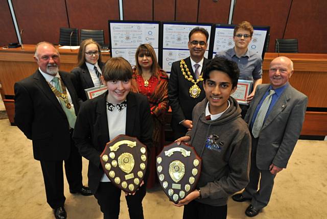 TOP class. Student of the Year winners Helen Schofield and Pranay Maisuria with back (from left) Rotary club president Bernard Stone, runner up Alanna Rudd, Mayor and Mayoress of Oldham, Councillors Yasmin Toor and Ateeque Ur-Rehman, runner up Tom Brisk and Rotary member Ray Coverley.