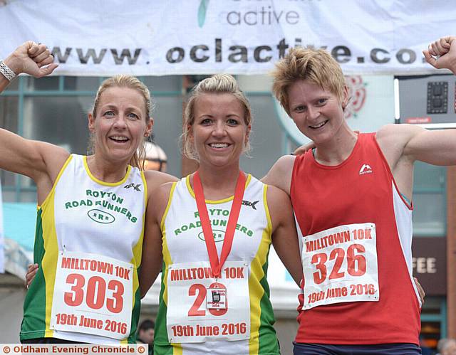 WOMEN'S one, two three . . . from left, runner-up Kirsty White, winner Jen Bloor and Caitlin Rice who finished third
