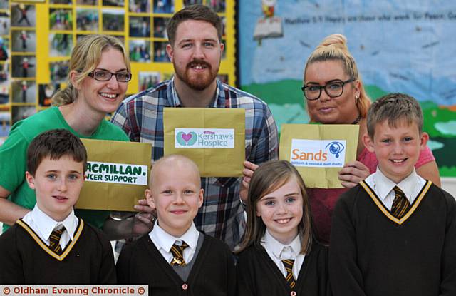 ALL smiles        . . . (back, from left) Becky Bainton (Macmillan Care Support), Aaron Cheshire (Dr Kershaw's Hospice) and Leah Sellars (SANDS). Front: Evan Kelly, Eva Clayton, Evie Kinghorn and Conal Bird 