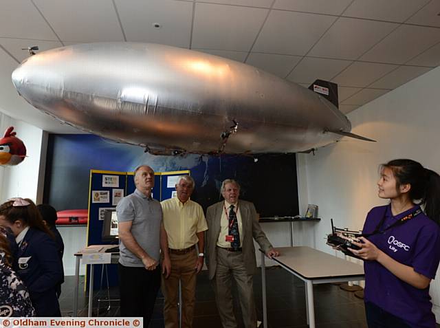 The Big Bang science event at the Regional Science Centre for local schools, organised by Oldham Sixth Form College and Oldham Business Leadership Group. Pic shows airship with its builders left to right, Martin Hill, Peter Ward, Rob Knotts and OSFC student Lily Zhu (17).