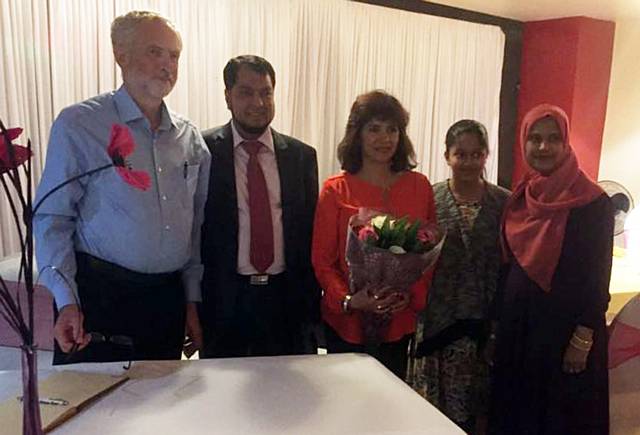 LABOUR Party leader Jeremy Corbyn with Westwood East Restaurant owner Jamal Uddin and Mr Corbyn's wife Laura Alvarez