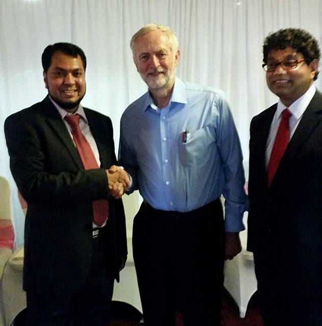 Westwood East owner Jamal Uddin with Jeremy Corbin and Councillor Adbul Jabbar