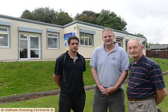 Glodwick Cricket Club. Left to right, Franco Lenhardt (1st team captain), David Chaloner (chairman), Peter Farrand (president).