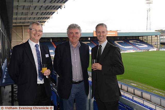 Oldham Business Awards reception at the Oldham Events Centre, SportsDirect.com Park. Left to right, Tony Mackin (Oldham Chronicle), Steve Lowe, Andrew Whitehead (New Image)..