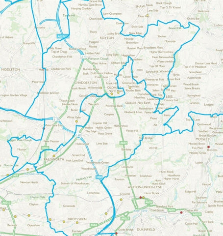 Revised Parliamentary constituency boundary changes for Oldham which straddle four local authority areas; Oldham, Rochdale, Tameside and Manchester