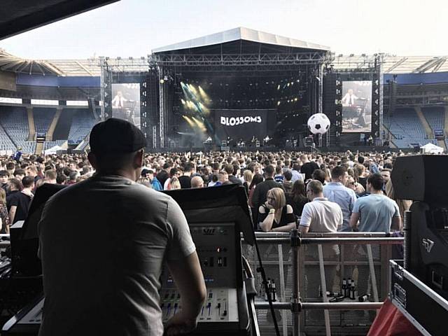 Chris Pearce (with cap) sound-checking Blossoms at the King Power Stadium, Leicester
